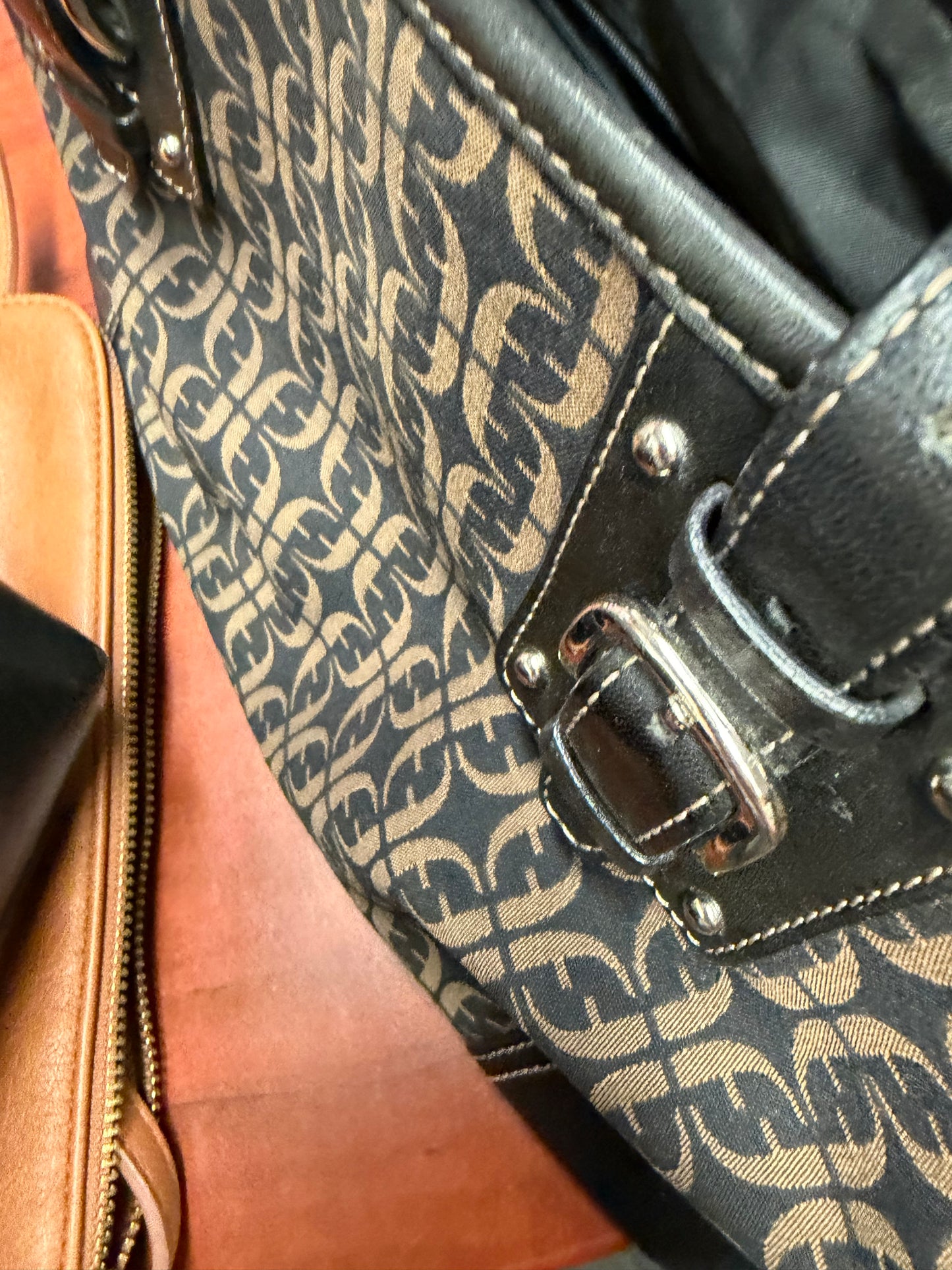 Vintage Fossil signature canvas hobo bag