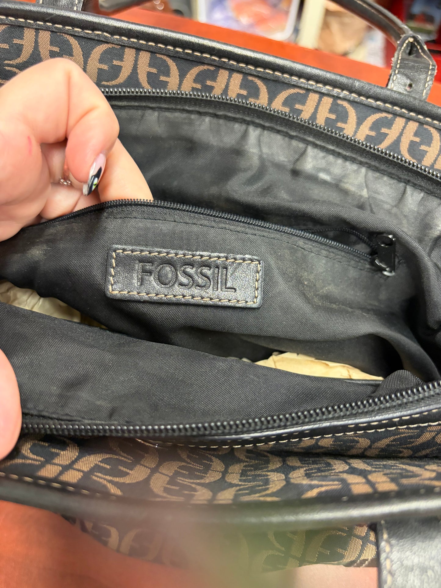 Vintage Fossil signature canvas hobo bag