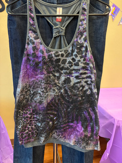 Purple Sequined Cheetah Tank - M
