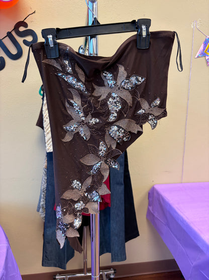 Brown asymmetrical SHARK BITE- flower top- XS