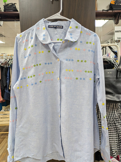Jupe by Jackie hand embroidered cotton and linen button down shirt