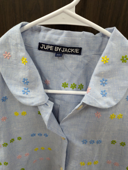 Jupe by Jackie hand embroidered cotton and linen button down shirt