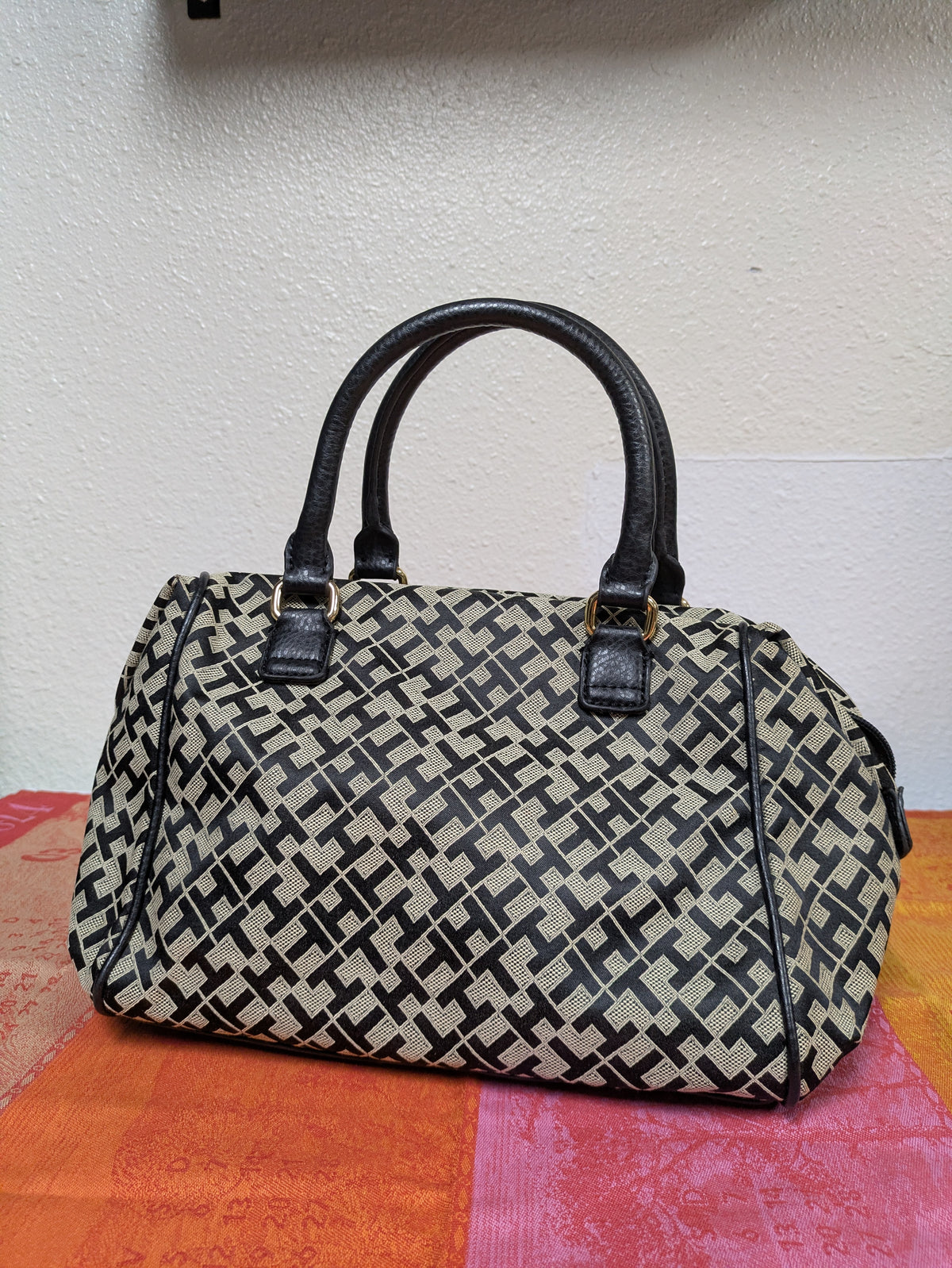 Tommy Hilfiger black and beige monogram satchel