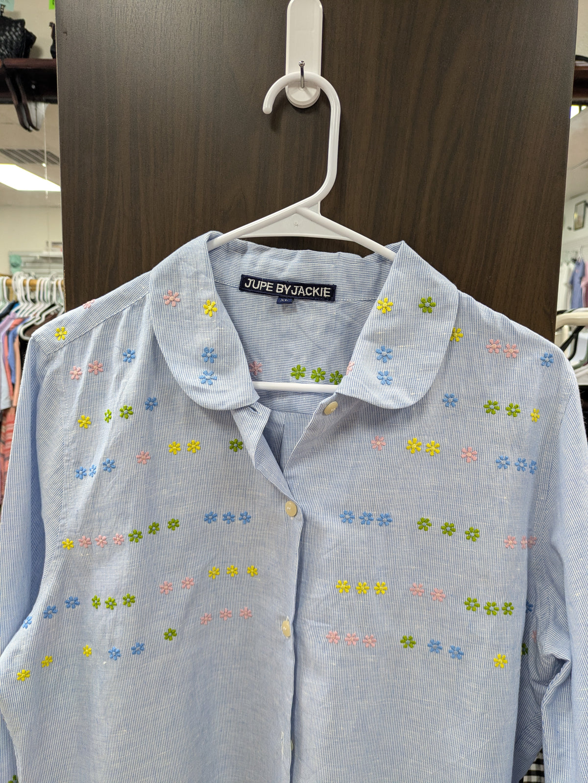 Jupe by Jackie hand embroidered cotton and linen button down shirt