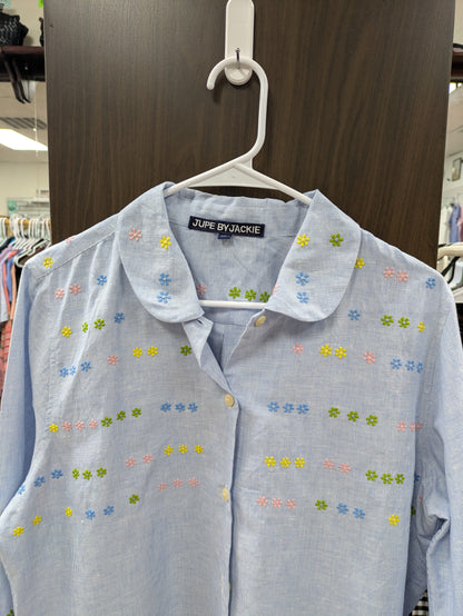 Jupe by Jackie hand embroidered cotton and linen button down shirt