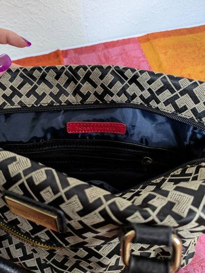 Tommy Hilfiger black and beige monogram satchel
