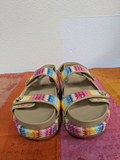 Larroudé Jetty Sandal in Rainbow Raffia and Beige Leather