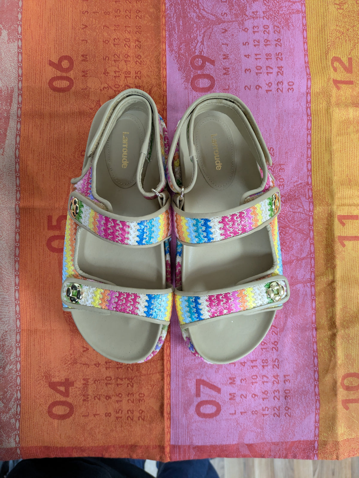 Larroudé Jetty Sandal in Rainbow Raffia and Beige Leather