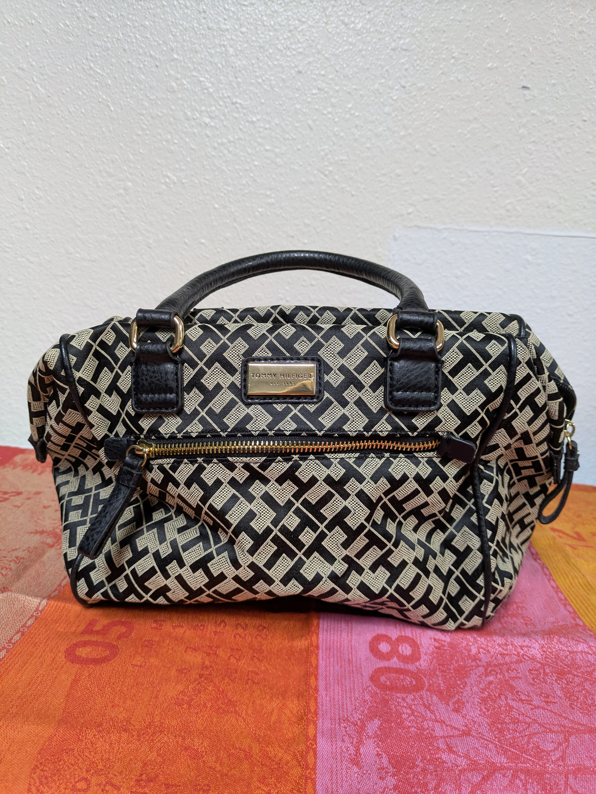 Tommy Hilfiger black and beige monogram satchel