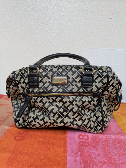Tommy Hilfiger black and beige monogram satchel