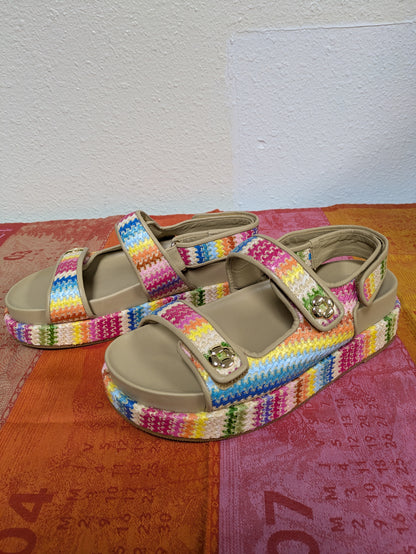 Larroudé Jetty Sandal in Rainbow Raffia and Beige Leather