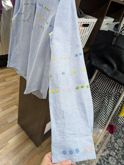 Jupe by Jackie hand embroidered cotton and linen button down shirt