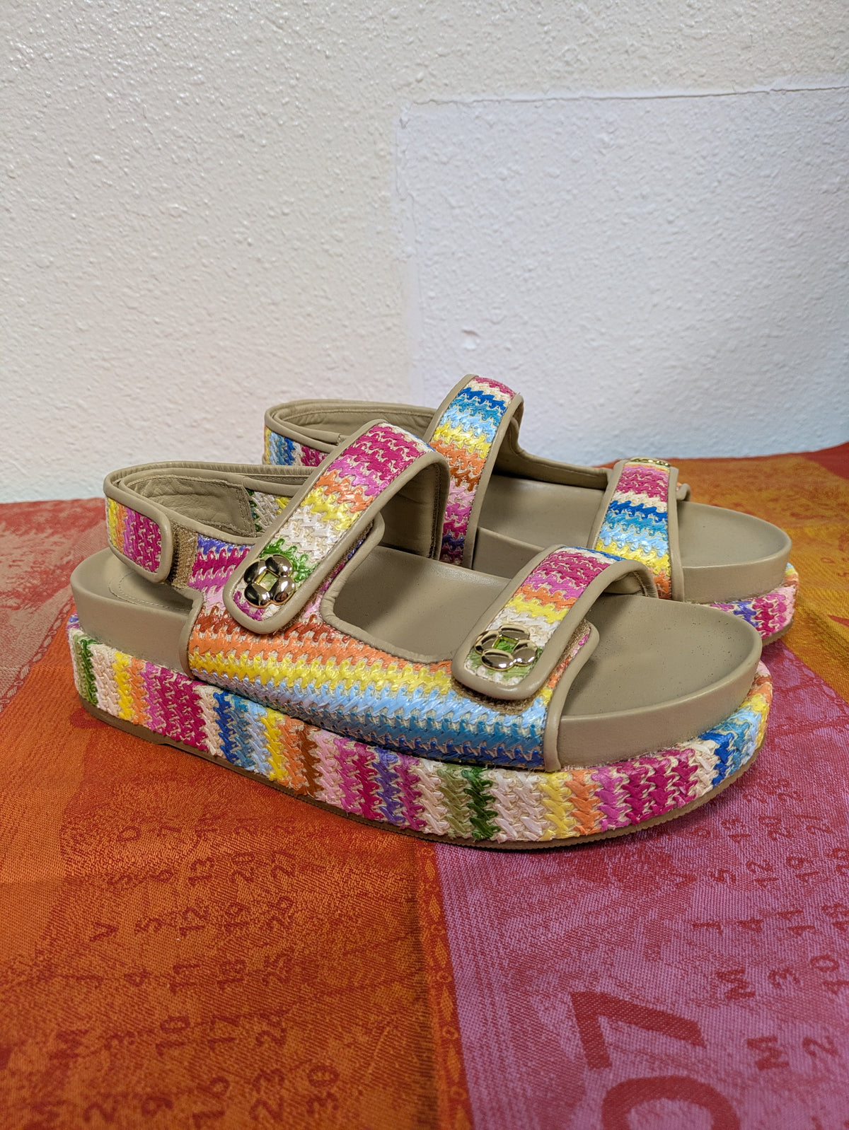 Larroudé Jetty Sandal in Rainbow Raffia and Beige Leather